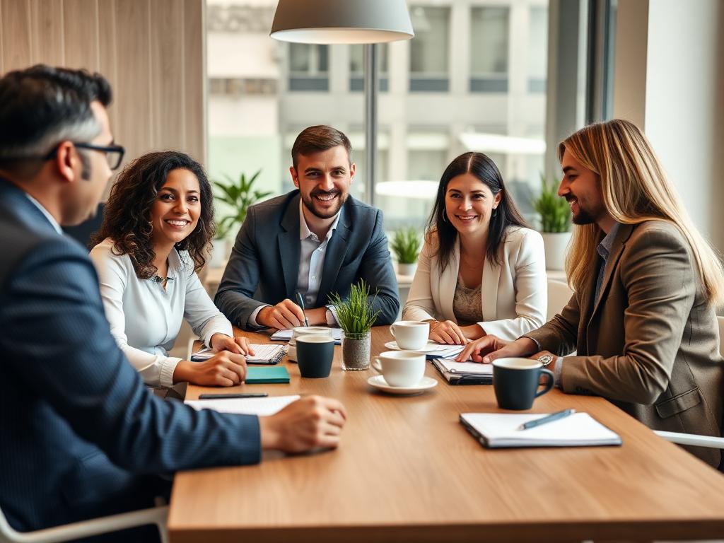 Friendly business team meeting to discuss AI strategy